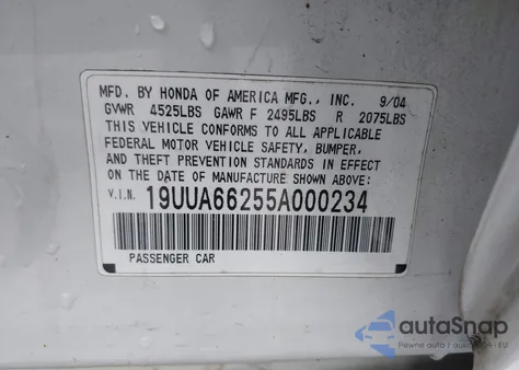 2005 Acura Tl из США, поврежденный, VIN 19UUA66255A000234